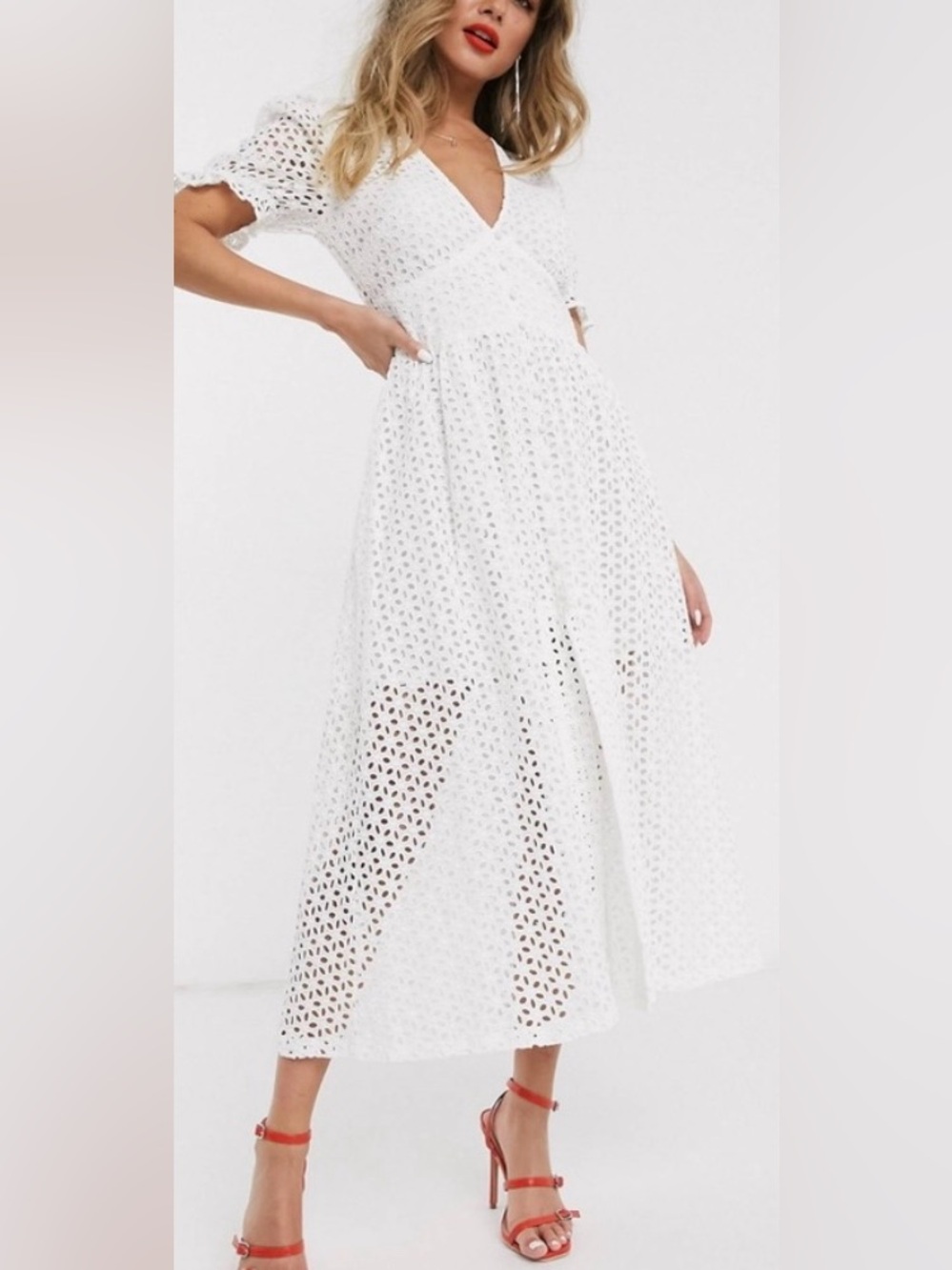 BARDOT Eyelet Puff Sleeve Midi Dress